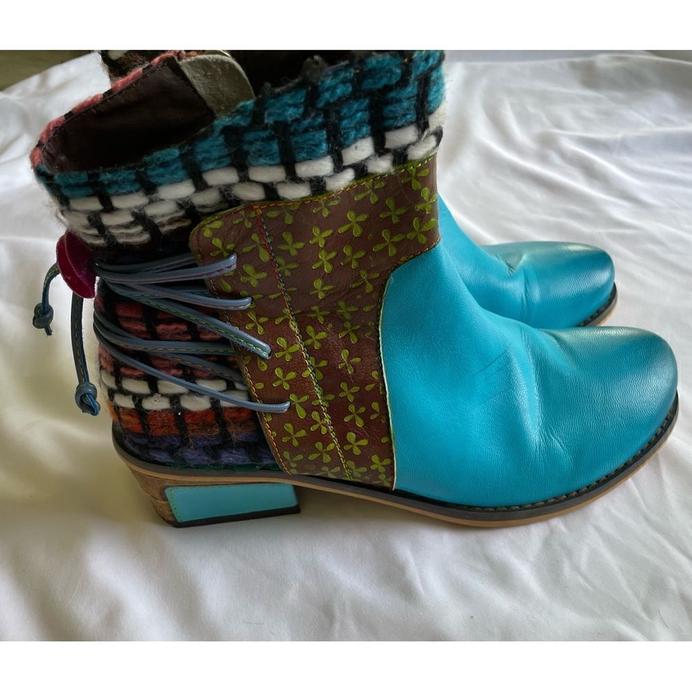 Turquoise Patchwork Ankle Boots - Women